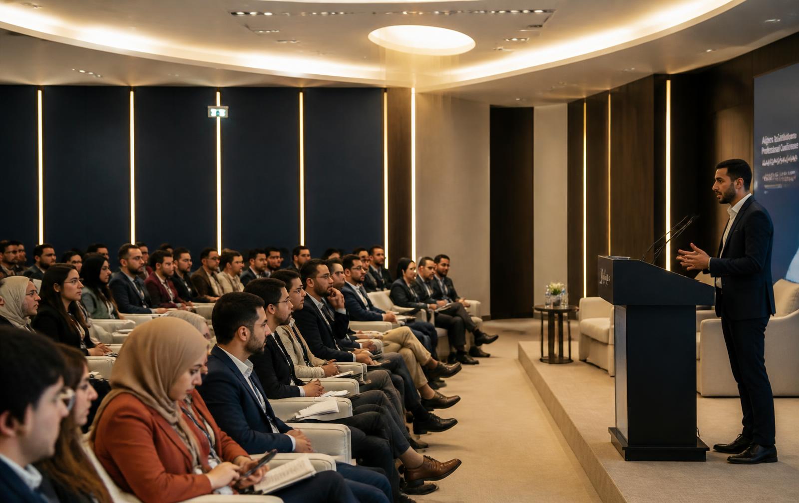 Conférence professionnelle à Alger avec un intervenant et un public de jeunes cadres