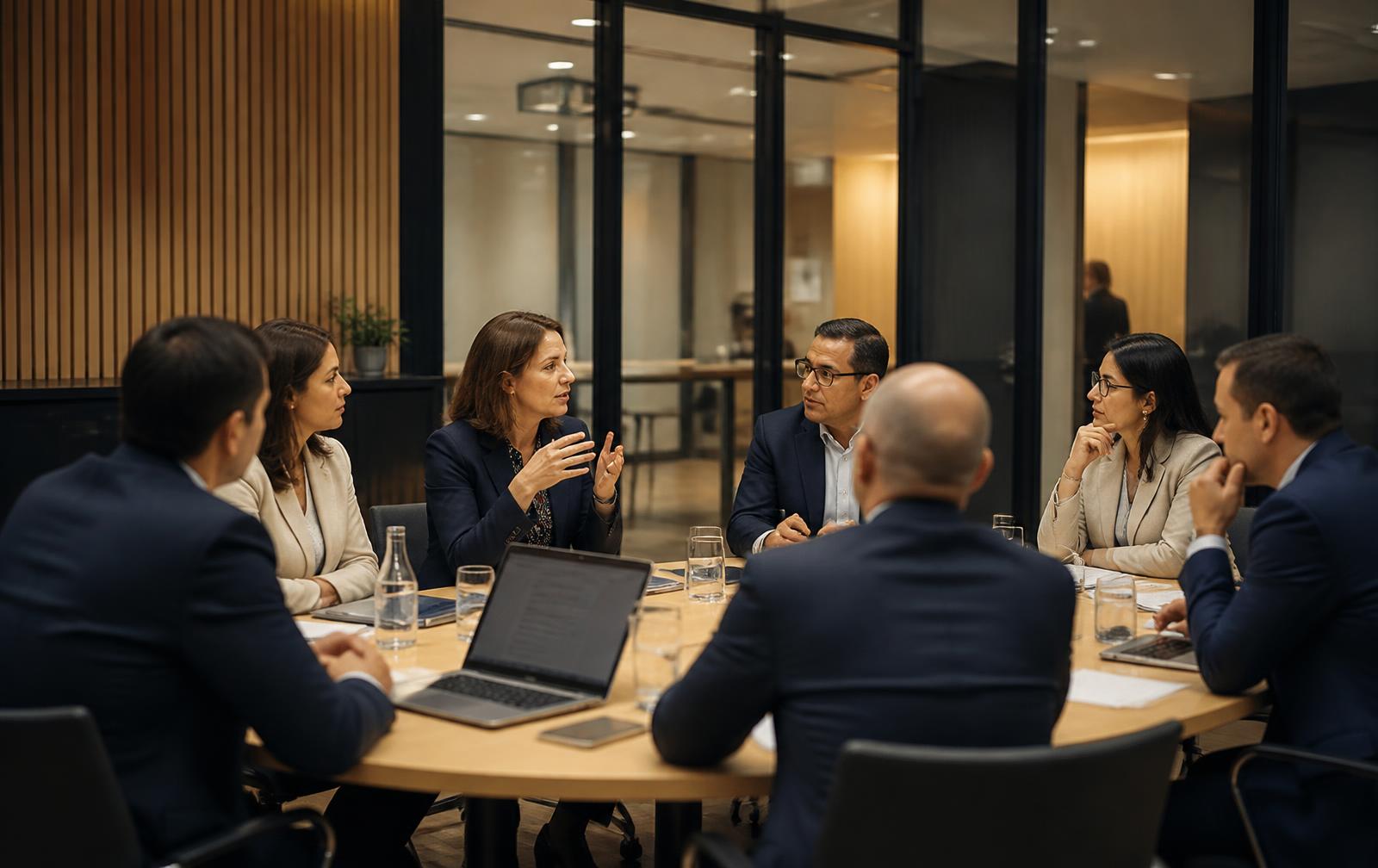 Table ronde entre professionnels français et algériens dans une salle de réunion moderne